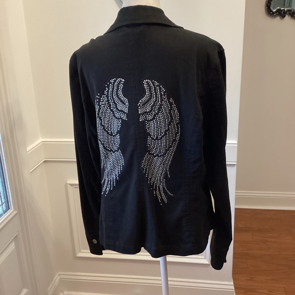 Classic Black Denim Blazer with Studded Wings Detailing on the Back